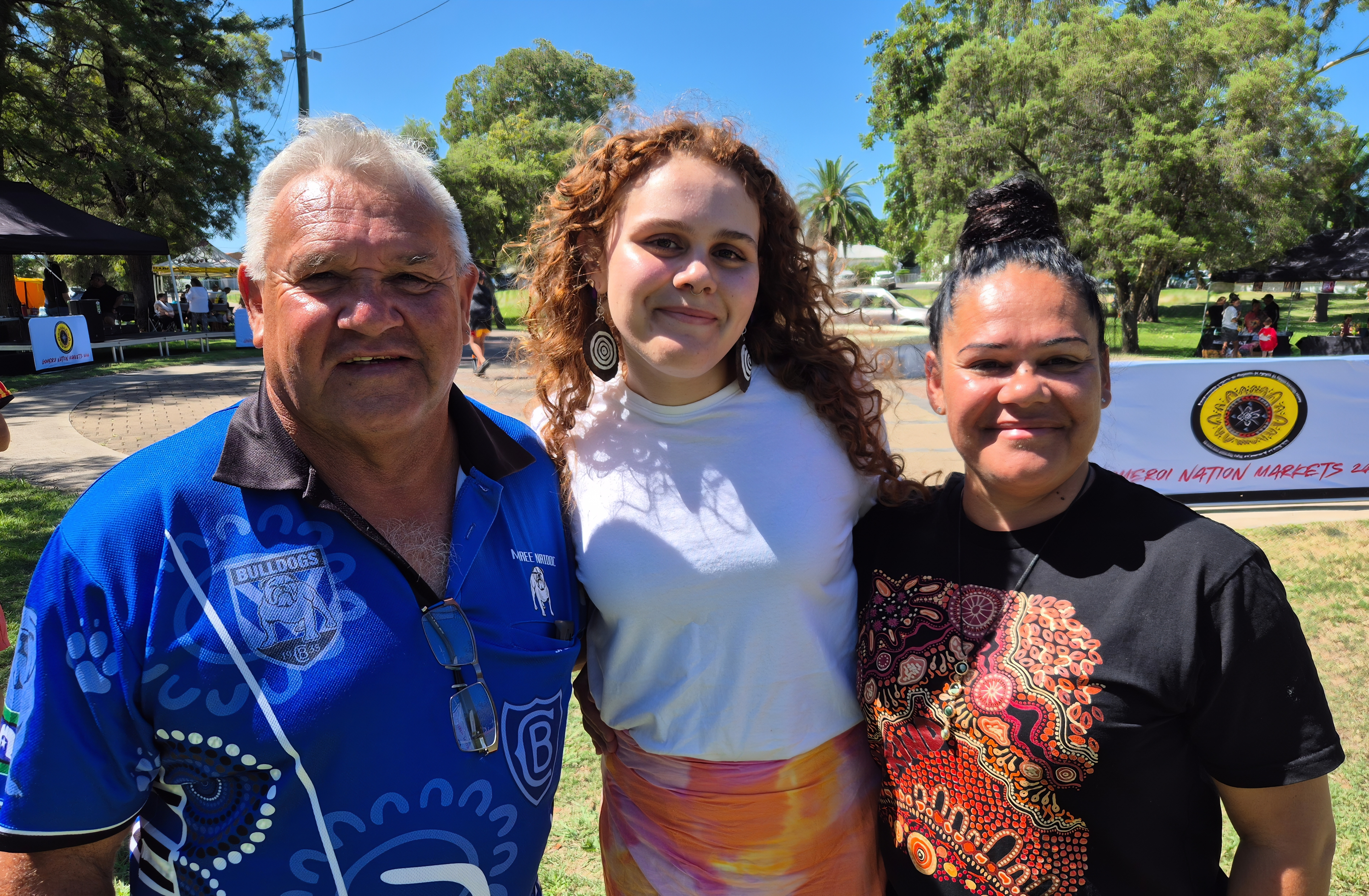 Lamonay Brown with her mum, Blossom and grandfather, Bucky, at the Gomeroi Nations Markets.