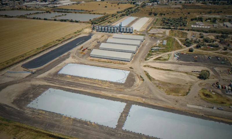 Aerial view of grain storage facilities at Moree, in the Special Activation Precinct