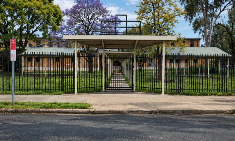 Street view of the former Courallie High School site on Carol Avenue, Moree: brick school buildings behind a black steel fence and a covered walkway, with a jacaranda in flower.