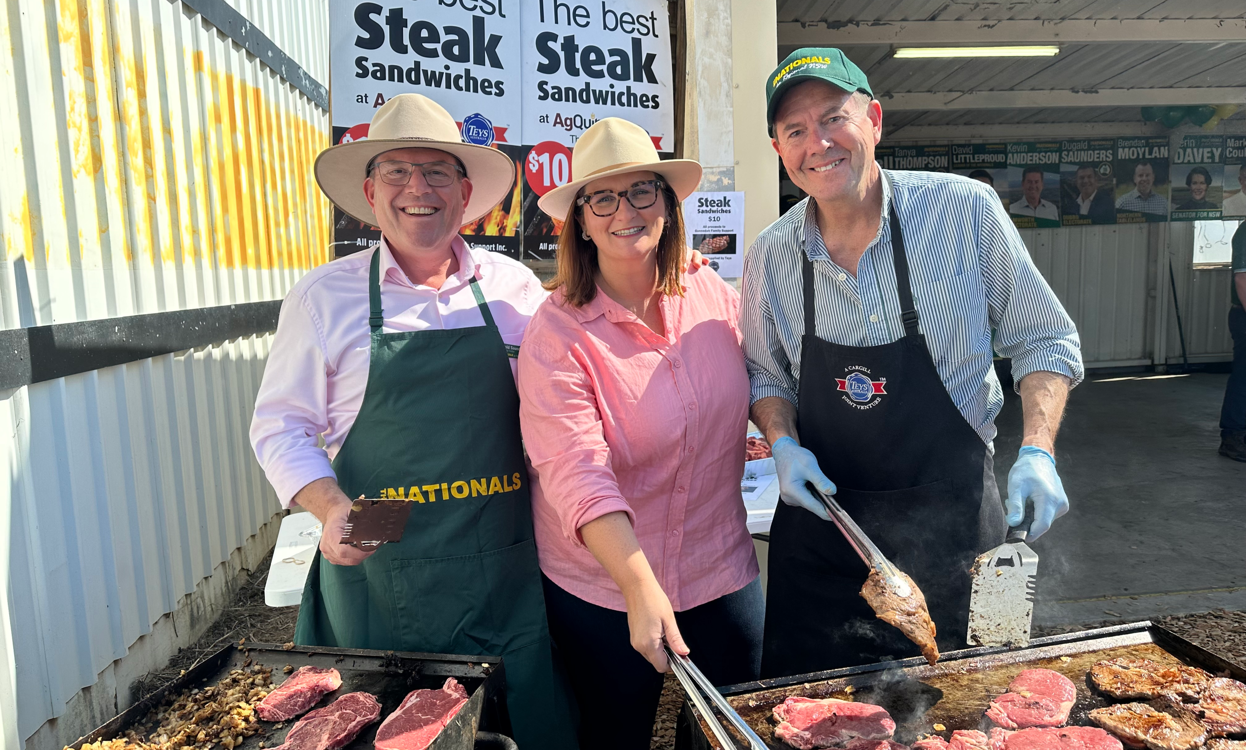 USEDugald Saunders, Sarah Mitchell and Kevin Anderson cook the AgQuip barbecue