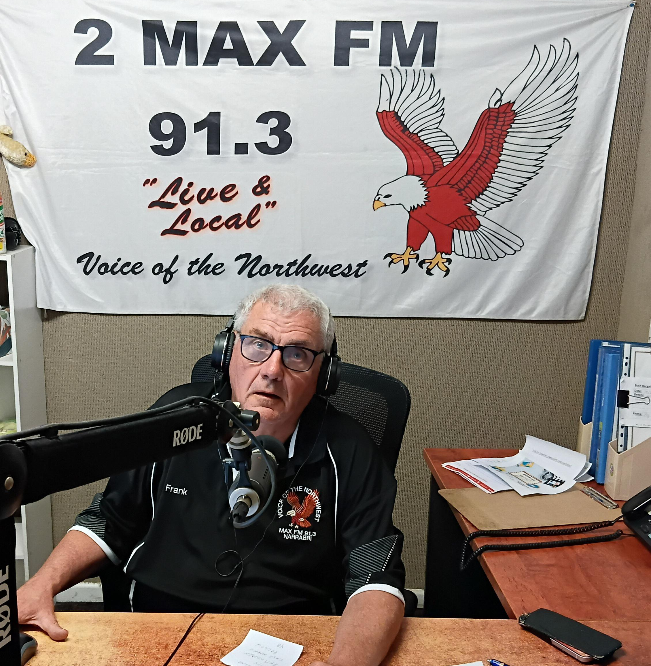 Moree’s Frank Crump travels regularly to Narrabri to fill broadcasting shifts at community radio station 2MaxFM (Image Supplied).